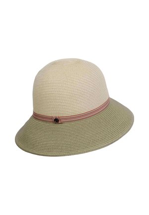 Brimmed hat with a textured beige top and green underside, featuring a multi-striped band with a decorative button detail.