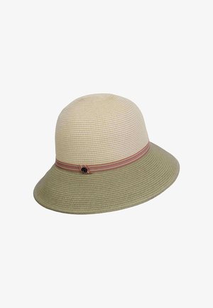 Brimmed hat with a textured beige top and green underside, featuring a multi-striped band with a decorative button detail.