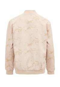 Giubbotto bomber beige con un sottile motivo astratto, colletto e polsini a coste, e orlo elasticizzato per un aspetto aderente. Materiale morbido e leggero.