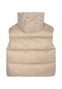 Veste sans manches beige matelassée avec capuche, présentant un subtil motif de rayures géométriques.