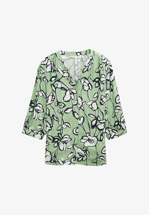 Zelená kvetinová blúzka s čierno-bielymi kvetinovými vzormi, s výstrihom do V a trojštvrťovými rukávmi. Vyrobená z ľahkého materiálu.