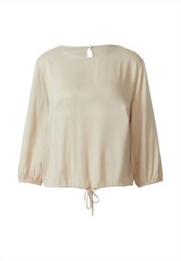 Beige Bluse mit langen Ärmeln und rundem Ausschnitt, gerafften Ärmeln, Kordelzügen am Saum und einem Schlüsselloch-Knopfverschluss hinten. Glatte Textur.