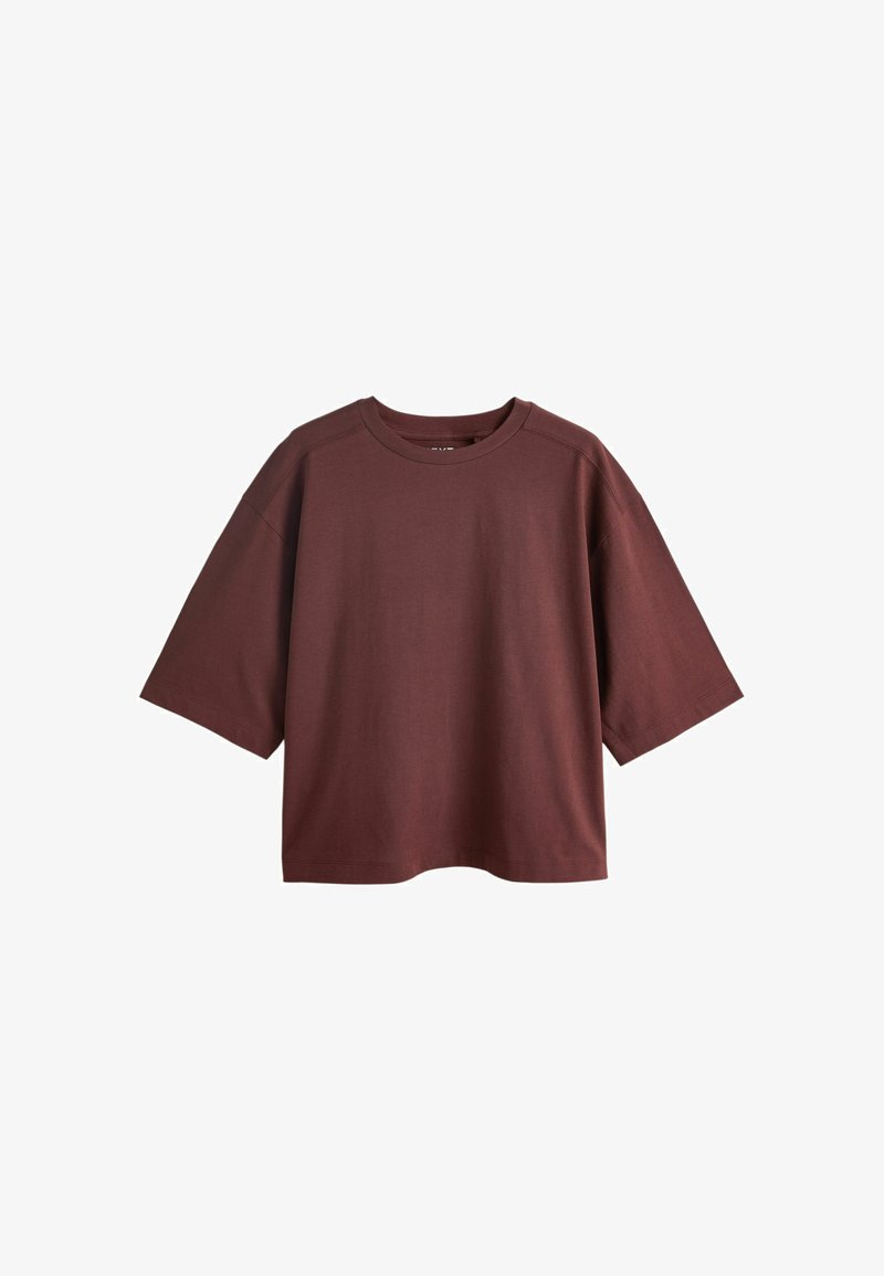 Bordeaux oversized t-shirt van katoen met korte mouwen, ronde hals en een losse pasvorm. Gladde textuur, geen zichtbare patronen of prints.