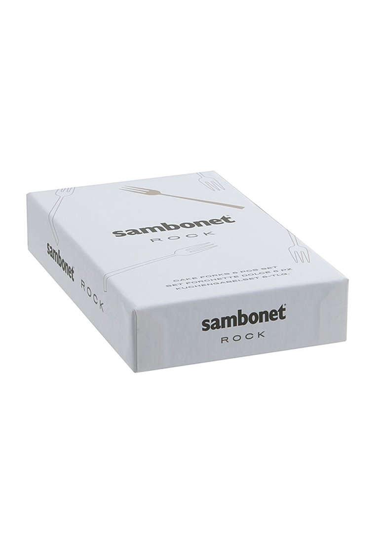 Weiße Boxverpackung für ein Kuchengabel-Set mit dem Sambonet-Logo und goldenen Akzenten, mit Gabelillustrationen auf der Oberfläche bedruckt.