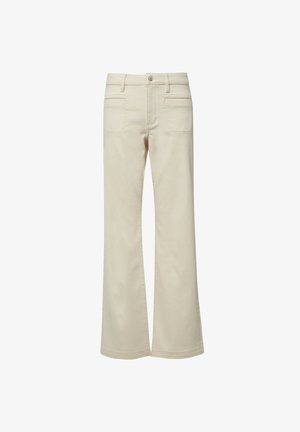 Breitbeinige Hosen in Cremefarben mit Fronttaschen, Gürtelschlaufen und einem Knopfverschluss an der Taille, dargestellt auf weißem Hintergrund.