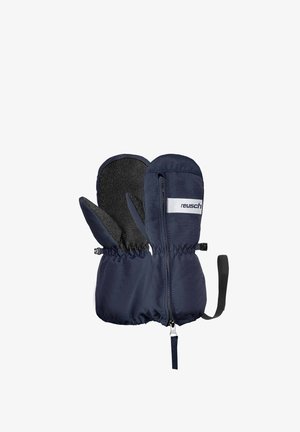 Moufles bleu marine en matériau résistant à l'eau avec une paume texturée noire, des poignets élastiques et des fermetures éclair pour un enfilage facile. Logo de la marque visible.