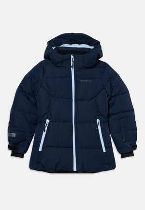 Navy blue padded winter jacket with hood, light blue front and pocket zippers, and adjustable wrist cuffs.