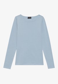 Top azzurro chiaro a maniche lunghe realizzato in materiale morbido. Presenta uno scollo rotondo, un design semplice e un orlo cucito su maniche e parte inferiore.