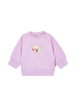 Fliederfarbener Baby-Sweatshirt mit langen Ärmeln, Rippbündchen an Ärmeln und Saum, mit einem bestickten Teddybärgesicht und Kirschen auf der Brust.