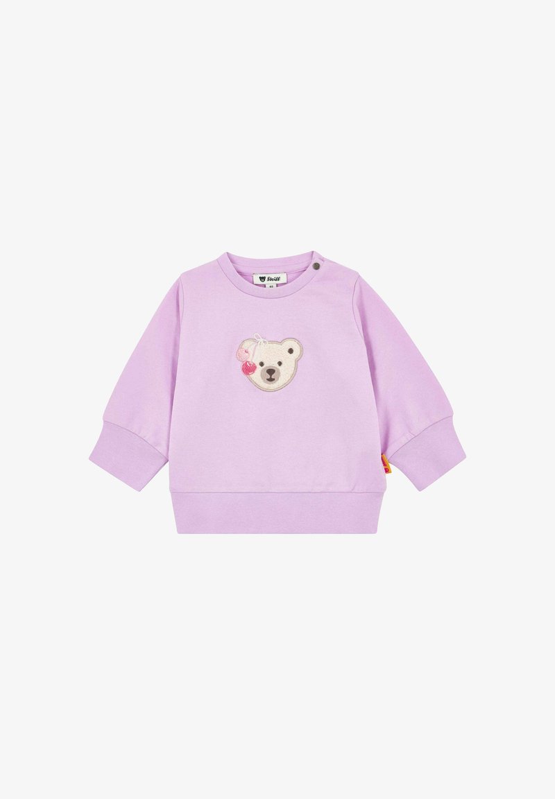 Sudadera para bebé de manga larga en color lila con puños y dobladillo de canalé, con un bordado de cara de osito de peluche y cerezas en el pecho.