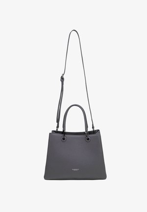 Grau strukturiertete Ledertasche mit zwei Griffen und einem langen verstellbaren Schultergurt, kleines Branding in der Mitte vorne.