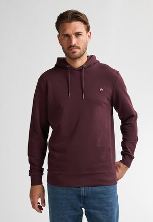 Maroon hooded sweatshirt with long sleeves, adjustable drawstring, and a small logo on the chest. Soft fabric with a smooth texture.
