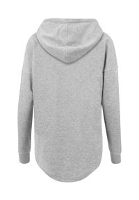 Gray hooded sweatshirt with long sleeves, a relaxed fit, and a rounded hem. Soft texture and simple design, featuring no visible logos.