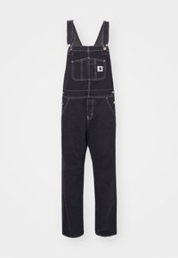 Sorte denim overaller med justerbare stropper, en frontlomme og forsterkede sømmer. Har metallbeslag og en avslappet passform.
