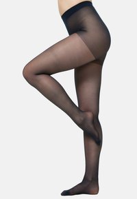 Czarne przezroczyste rajstopy z wysokim pasem. Gładka faktura, półprzezroczyste wykończenie i wzmocniony palec. Całościowo dopasowany krój.