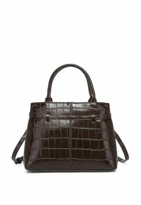 Geantă din piele ecologică maro, cu un model de crocodil, formă rigidă, mânere superioare duble și curea de umăr detașabilă.
