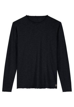 Chemise à manches longues noire en tissu doux avec un col rond, dotée d'un ourlet brut et d'un accent de logo discret sur le côté inférieur.
