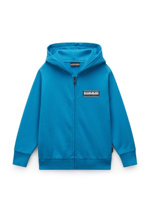 Sudadera azul con cremallera hecha de una mezcla de algodón. Presenta un parche con el logotipo en la parte delantera, un bolsillo tipo canguro y puños y dobladillo acanalados.