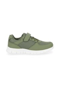 Green athletic shoes with a mesh upper, fabric accents, and a white rubber sole. Features a hook-and-loop strap for closure.