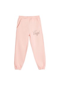 Roze sweatpants van zachte stof, met een elastische tailleband, zijzakken en 'Angel' in zilver geborduurd op het linkerpand.