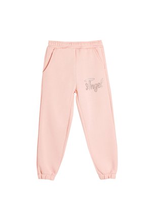 Rosa Jogginghosen aus weichem Material, mit einem elastischen Bund, Seitentaschen und "Angel" in Silber auf dem linken Bein gestickt.