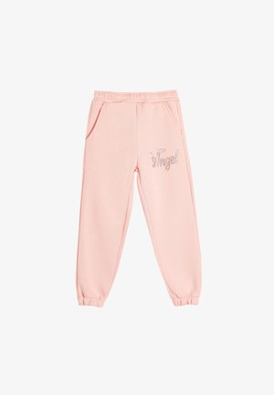 Lyserøde sweatpants lavet af blødt stof, med elastisk talje, sidelommer og "Angel" broderet i sølv på venstre ben.