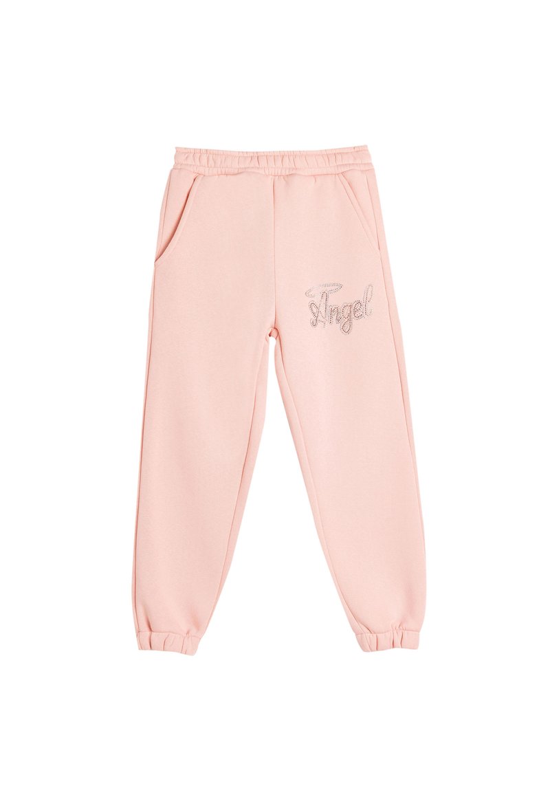 Roze sweatpants van zachte stof, met een elastische tailleband, zijzakken en 'Angel' in zilver geborduurd op het linkerpand.