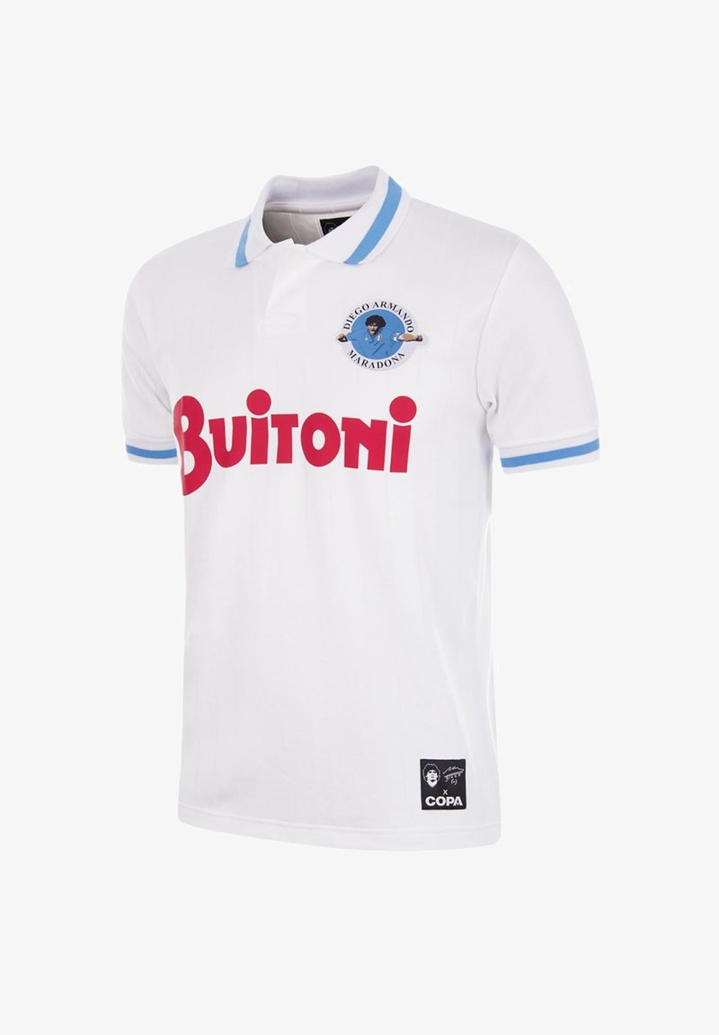 Witte polo shirt met blauwe accenten op de kraag en mouwen, met een rood "Buitoni" logo en een geborduurd embleem van Diego Maradona.