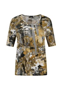 Korte mouwen T-shirt in een multicultureel abstract patroon met tinten goud, grijs en zwart; ronde hals; zachte stoftextuur.