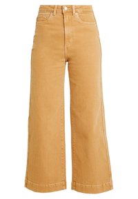 Hoge taille, wijde spijkerbroek van zacht mosterdgeel denim. Voorzien van zijzakken, riemlussen en een enkele knoopsluiting.