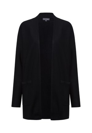 Zwarte gebreide cardigan met open voorkant, zijzakken en driekwartmouwen. Kenmerkt zich door de textuurstof en een relaxte pasvorm.