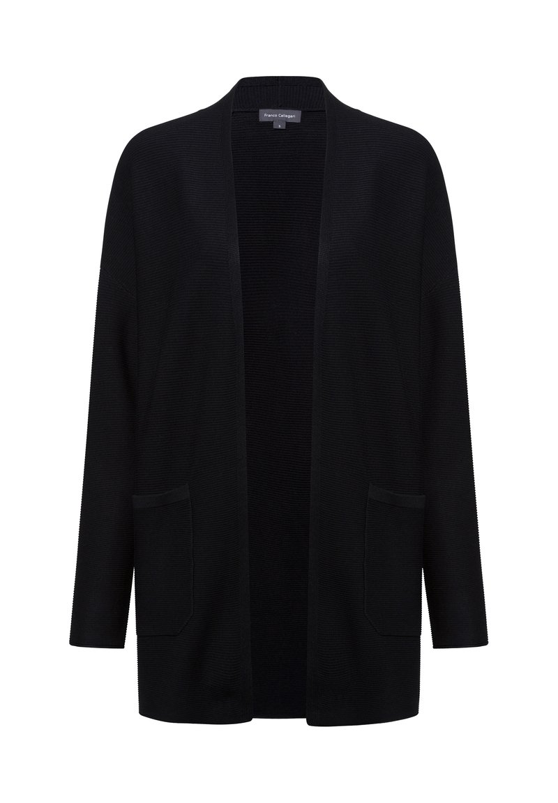 Schwarze Strickjacke mit offenem Vorderteil, seitlichen Taschen und dreiviertellangen Ärmeln. Verfügt über ein strukturiertes Material und einen lässigen Schnitt.