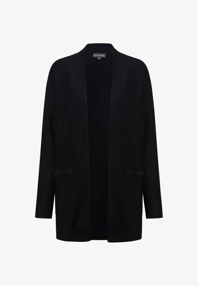 Schwarze Strickjacke mit offenem Vorderteil, seitlichen Taschen und dreiviertellangen Ärmeln. Verfügt über ein strukturiertes Material und einen lässigen Schnitt.