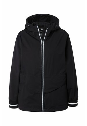 Giacca antivento nera con cappuccio, caratterizzata da una chiusura frontale con zip, due grandi tasche anteriori e strisce bianche di accento sui polsini e sulla zip.