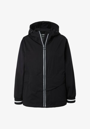 Schwarze Windjacke mit Kapuze, vorne mit Reißverschluss, zwei großen Fronttaschen und weißen Akzentstreifen an den Bündchen und am Reißverschluss.