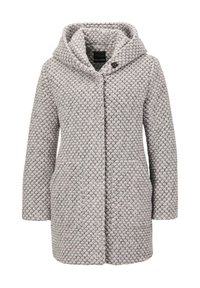 Manteau à capuchon en gris clair avec un motif texturé. Doté d'une fermeture à boutons et de deux poches latérales. Fabriqué en un matériau doux et tissé.