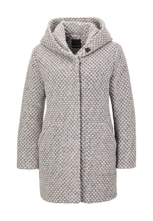 Hooded jas in lichtgrijs met een textuurpatroon. Voorzien van een knoopsluiting en twee zijzakken. Gemaakt van een zachte, geweven stof.