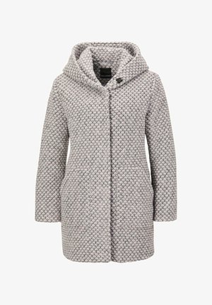 Cappotto con cappuccio di colore grigio chiaro con un motivo testurizzato. Presenta una chiusura con bottone e due tasche laterali. Realizzato in un materiale morbido e tessuto.