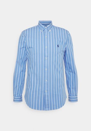 Blauw-wit gestreept overhemd met lange mouwen, knoopsluiting, button-down kraag en klein logo op de borst.