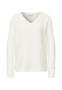 Maglione bianco a V con tessuto strutturato, vestibilità morbida e maniche lunghe. Presenta polsini e orlo ribattuti per un tocco in più.