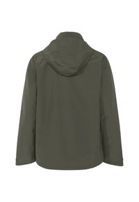 Olive green waterproof jacket, mid-length, featuring a hood, smooth texture, and minimalistic design with no visible logos or embellishments.