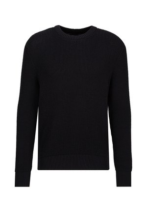 Schwarzer, langärmeliger Strickpullover mit Rundhalsausschnitt, strukturierter Waffelstruktur sowie gerippten Bündchen und Saum.