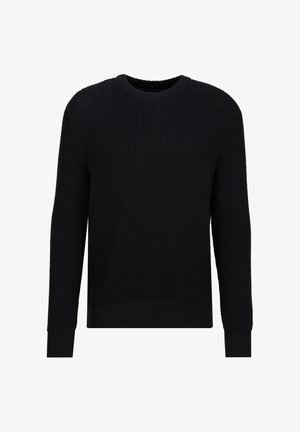 Schwarzer, langärmeliger Strickpullover mit Rundhalsausschnitt, strukturierter Waffelstruktur sowie gerippten Bündchen und Saum.