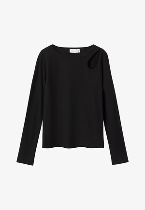 Črni rebrasti dolg rokav vrh z okroglo izrezom in izrezom na rami. Mehka tekstura in sproščen kroj.