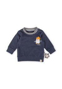 Dunkelblaue Sweatshirt mit langen Ärmeln, gestreiftem Kragen, Pinguin-Stickerei und einem kleinen Anhänger mit einer Pinguinfigur. Aus weichem Baumwollmaterial.