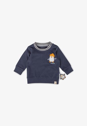 Felpa blu navy con maniche lunghe, colletto a righe, ricamo di un pinguino e un piccolo ciondolo con un personaggio pinguino. Materiale in cotone morbido.