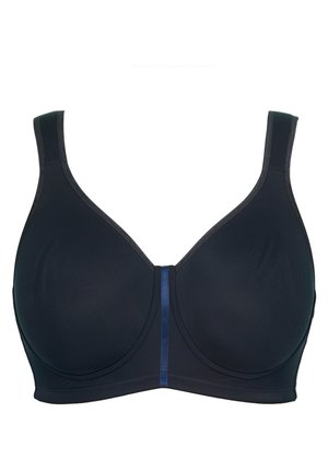 Reggiseno nero con spalline regolabili, coppe senza cuciture e un sottile accento blu al centro davanti. Realizzato in tessuto morbido ed elastico.