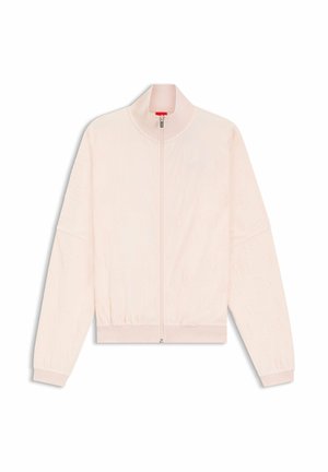 Light pink zip-up jacket with a stand collar, textured fabric featuring a subtle pattern, and elastic cuffs and hem.