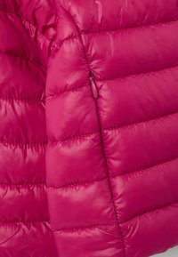 Giacca a piuma rosa con design trapuntato, texture lucida e dettaglio della cerniera visibile. Presenta cuciture orizzontali, superficie liscia e colore vivace.