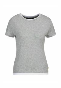 Grau T-Shirt mit kurzen Ärmeln aus weichem Baumwollmix, mit einem Rundhalsausschnitt und weißem Besatz am Kragen und Saum, sowie einem kleinen Markenschild an der Seite.